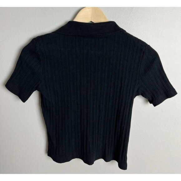 Zara Black Ribbed Button Front Collared Short Sleeve Top Women’s Small - Picture 2 of 3